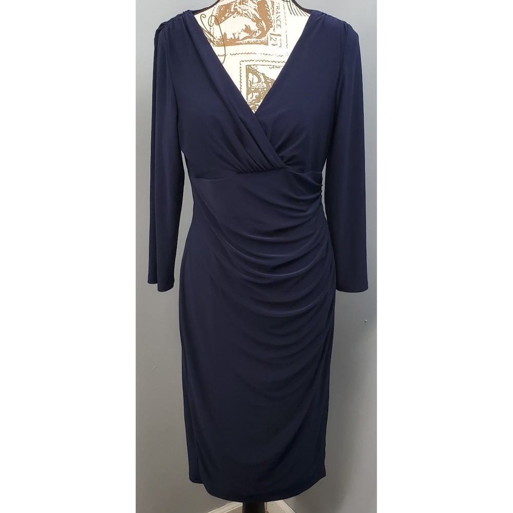 Lauren Ralph Lauren Wrap Dress Womens 6 Blue Ruched Cocktail Party Long Sleeve